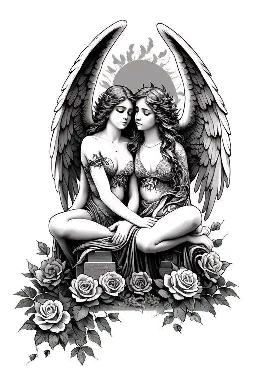 Tattoo Of 2 Lifelike Angels Intertwined Sitting By A Grave With Roses Growing And A Dragon