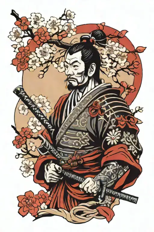Samurai Warrior Next To Cherry Blossom Tree