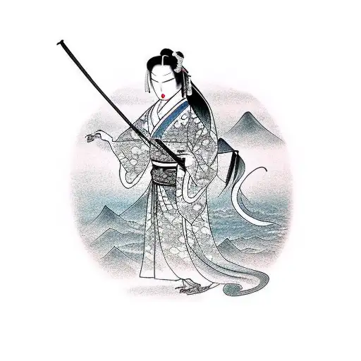 Geisha With A Sword With A Pagoda At The Back