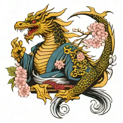 Phoenix Dragon Samurai Warrior With Cherry Blossoms