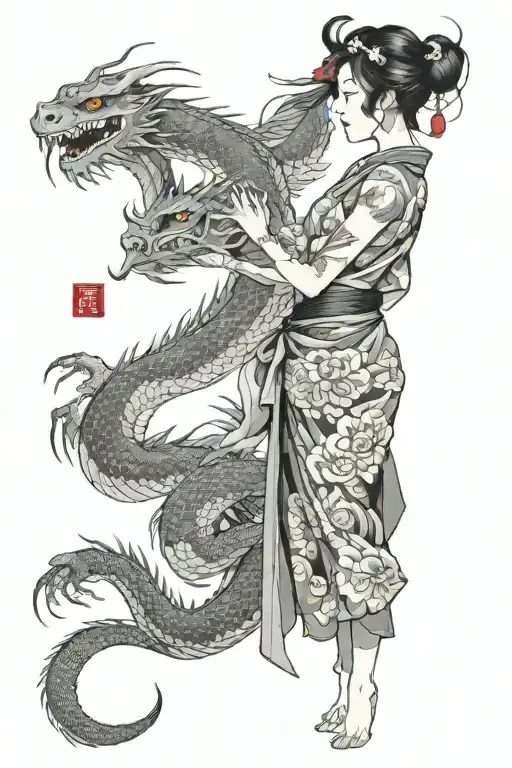 Dragon And Woman Standing