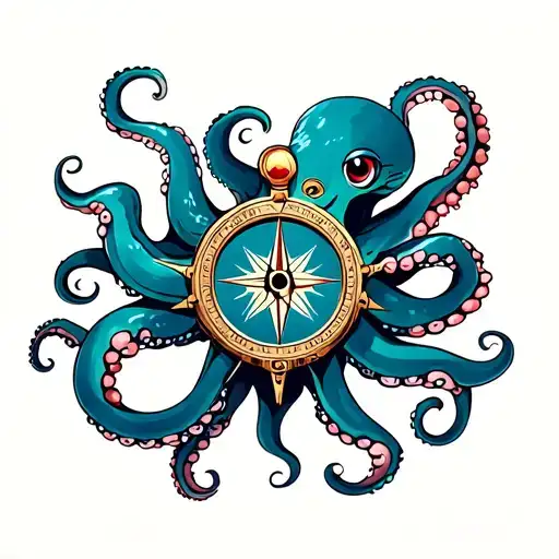Octopus Holding A Compass