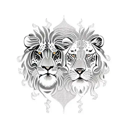 A Majestic Lion And Tiger Standing Together In A Japanese Sun Motif