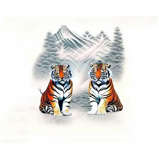 1 Adult Tiger And 1 Baby Tiger In Front Of A Forest