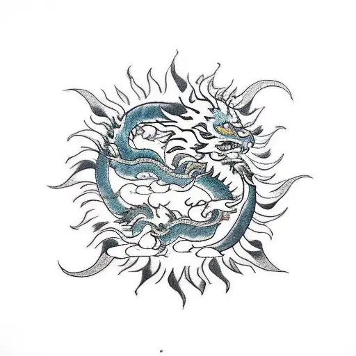 Dragon Tiger And Sun In The Middle