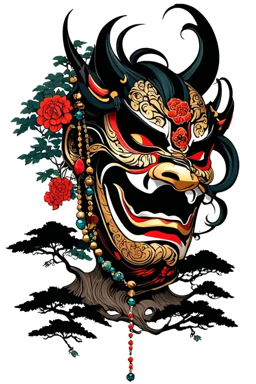 Hannya Mask Entwined With A Rosary And Trees From Below