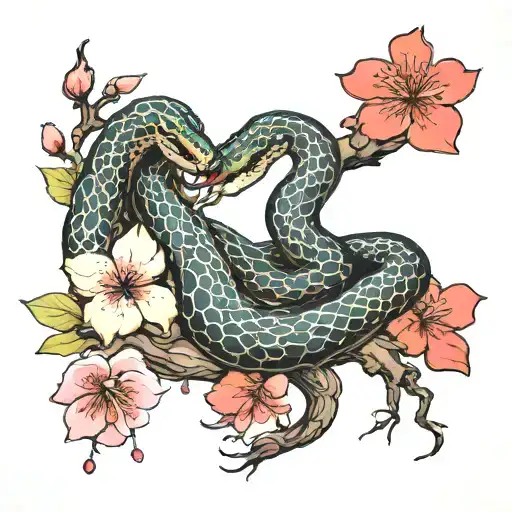 Snake With Sakura Flowers Tangled Together