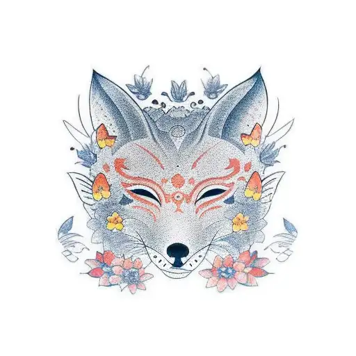 Japanese Fox Mask Surrounded By Butterflies
