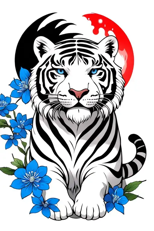 Black And White Tiger With Blood Moon And Blue Cherry Blossoms