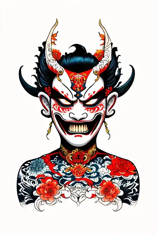 Full Back Tattoo Hannya Mask Mask Surrounded Who Is Scary