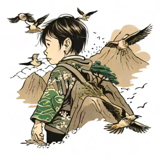 Child In Front Of A Mountain With Birds Around