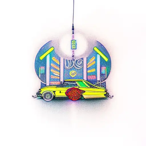 An Intricate Design Of A Classic Car Speeding Through A Neon-lit Cityscape