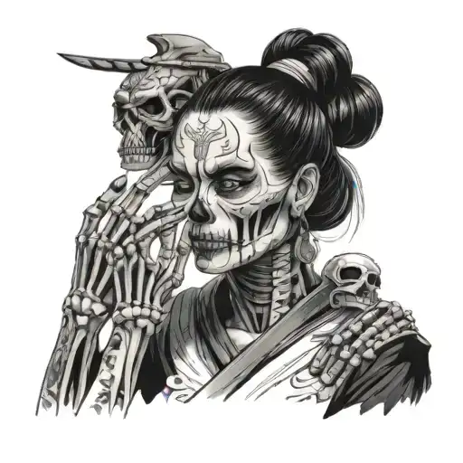The Girl Touches The Face Of The Samurai Skeleton With Her Palm And It Takes On Facial Features