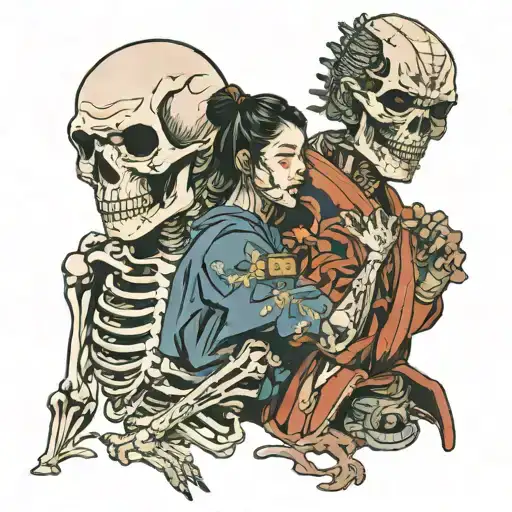 A Girl Touches The Face Of A Samurai Skeleton Man With Her Palm And He Takes On Facial Features