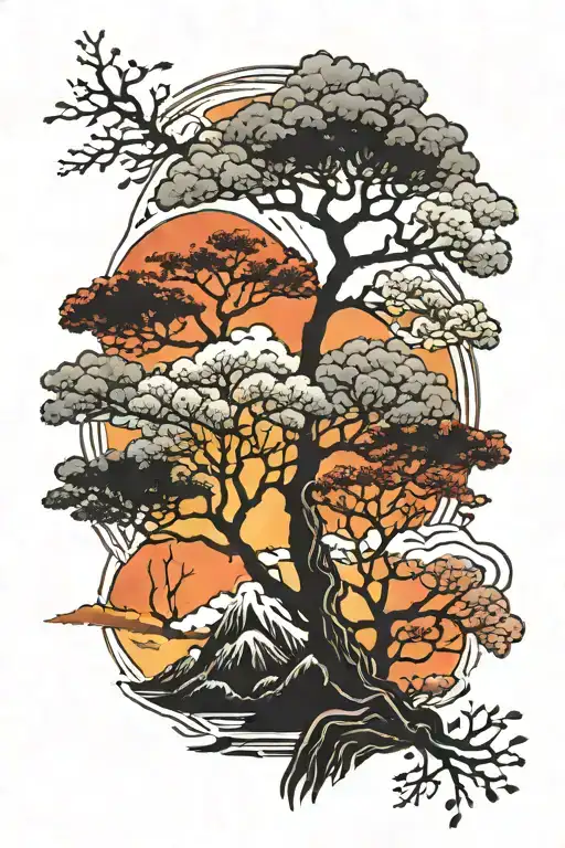 Autumn Trees Colors Sunset Scene With Smoke