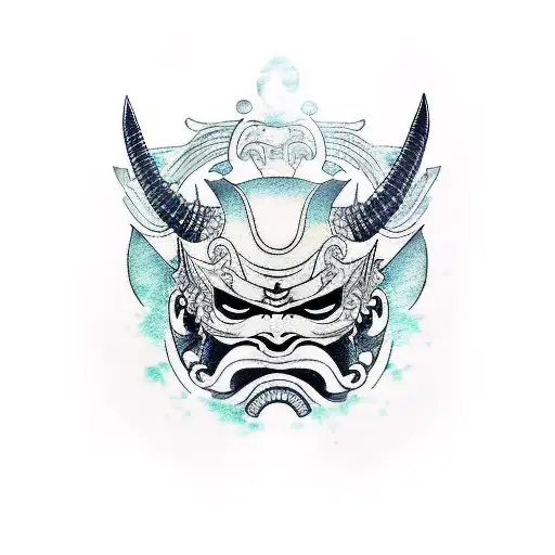 Oni Mask Katana Down The Center And Word Destory Across The Top