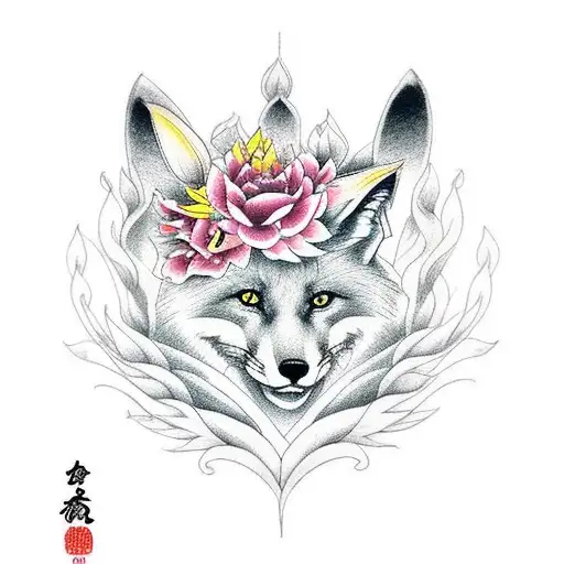 Fox And Dragon Surrounded By Lilies And Roses
