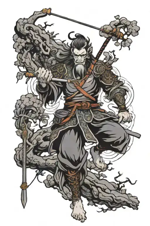 Monkey King Figths The Heaven With His Staff Intertwined With Branches