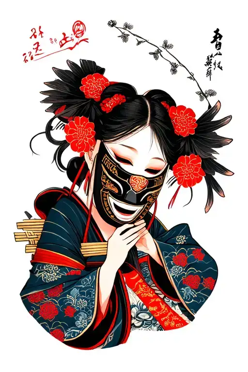 Japanese Girl And Samurai Mask Holding