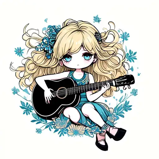 Blonde Chibi Girl With Messy Hair Playing Acoustic Guitar