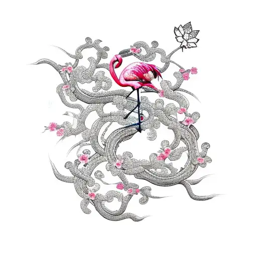 A Flamingo And Vines With Sakura Flower