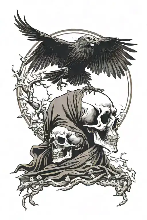 Skull Monk And Death Crow With The Moon In The Background