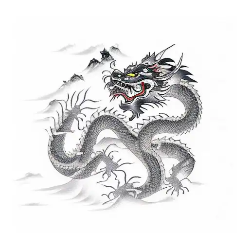 Chinese Dragon And Tiger In Wall Waterfall Landscape