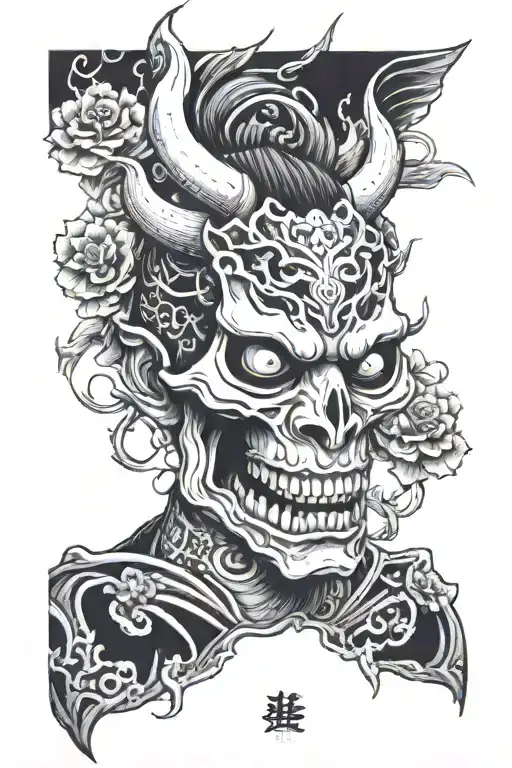 Hannya Mask Adorned Skull Surrounded Being Thrown Nd