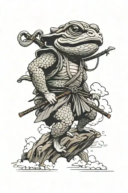 Japanese Tattoo Of A Samurai Toad That Sits On Top Of A Mountain In The Clouds