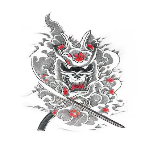 A Black Katana That Can Be Seen In Full Accompanied With Red Flowers