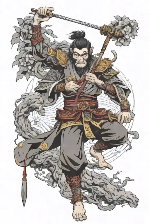 Monkey King Figths The Heaven With His Staff Intertwined With Branches