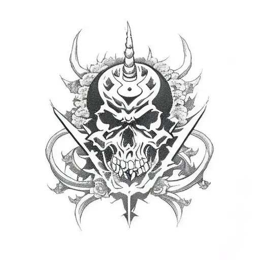 Satanic Demon With Skulls And Roses And With Some Blood Or Dust Around It