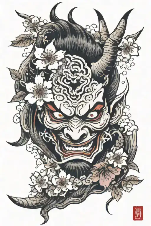 Japanese Demon With Cherry Blossoms