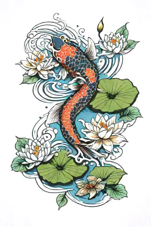 Arm Sleeve Tattoo With Colorful Koi Fish Swimming Around Lily Pads And Water Lilies
