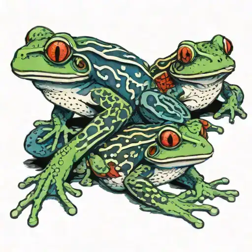 Three Tree Frogs With Traditional Japanese