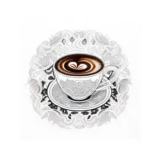 A Coffee Cup With Intricate Patterns Made From Coffee Beans And Art Brushes