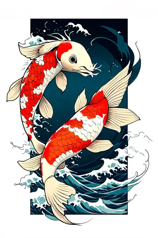 Koi Fish And Japanese Waves Crashing