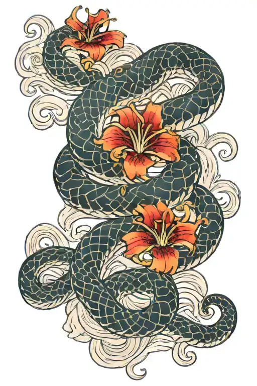 Snake With Lycoris Radiata And Japanese Waves