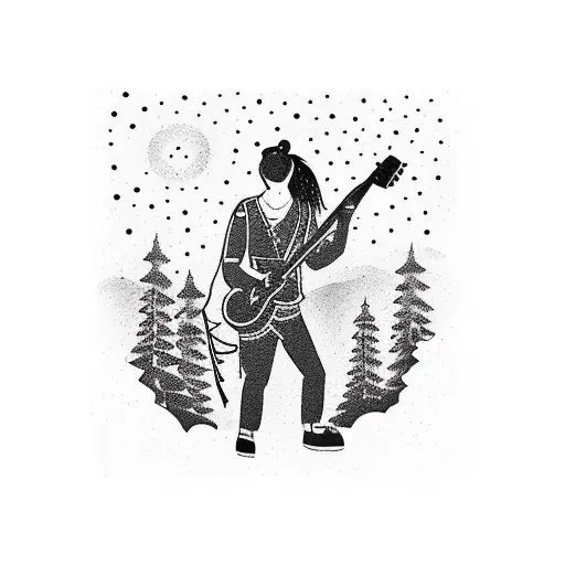 A Silhouette Of A Hiker Playing A Guitar Under A Starry Sky