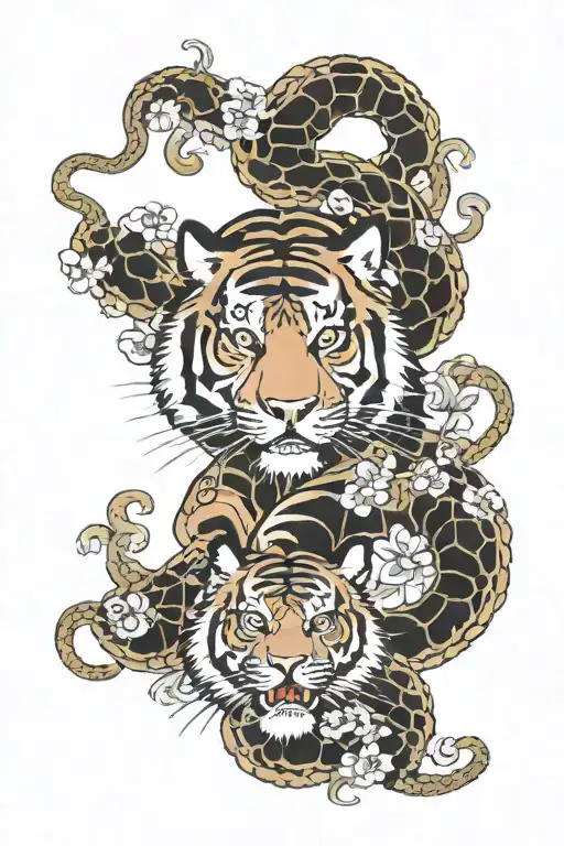 Tiger Surrounded By Snake Wrapped