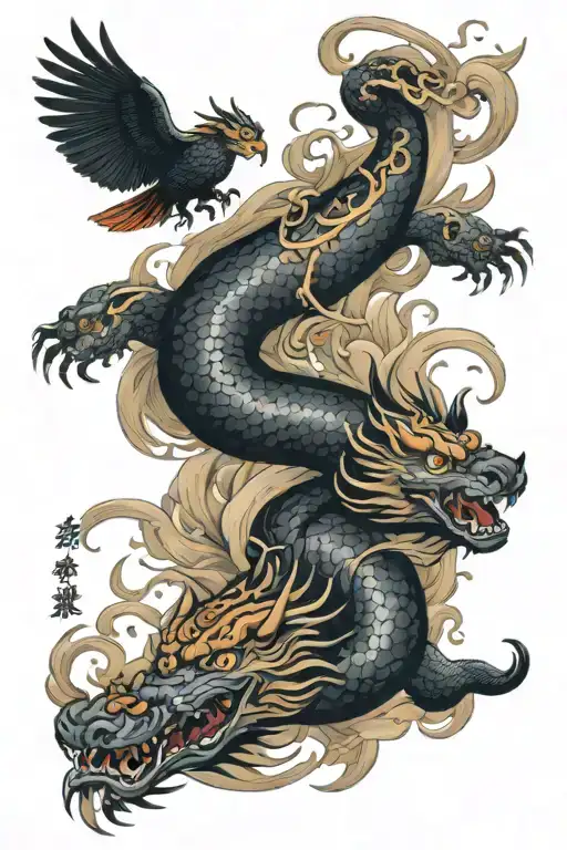 Snake Tiger And Pheonix Flying