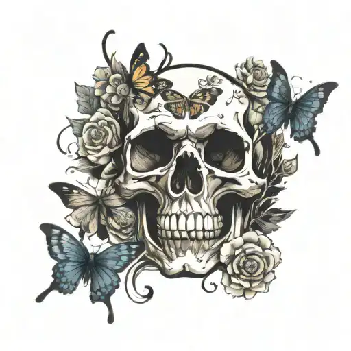 Skull With Butterflys Flying Around It Tattoo