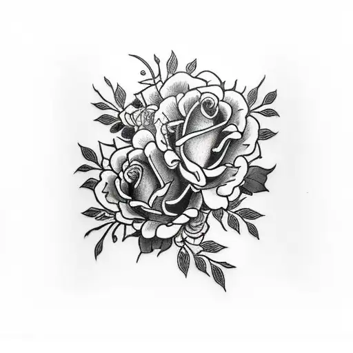 Roses And Skull On Whole Arm Tattoo