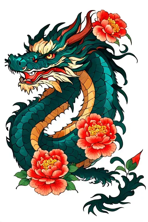 Japanese Dragon With Peonies With A Traditional Style