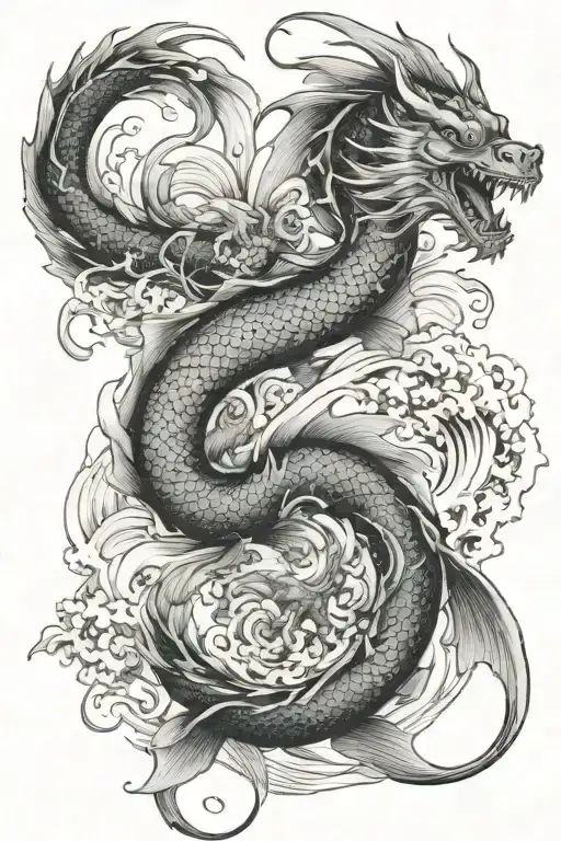 Dragons Koi Fish Waves Crashing