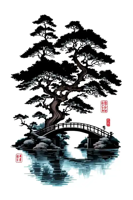 Japanese Forest With Bridge Ove Lake Looking