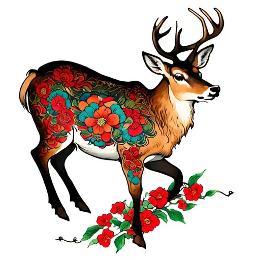 A Large Yakuza Style Back Tattoo Of A Deer