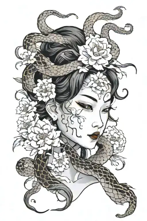 Black Grey Namakubi Severed Female Head With Flowers And Snakes