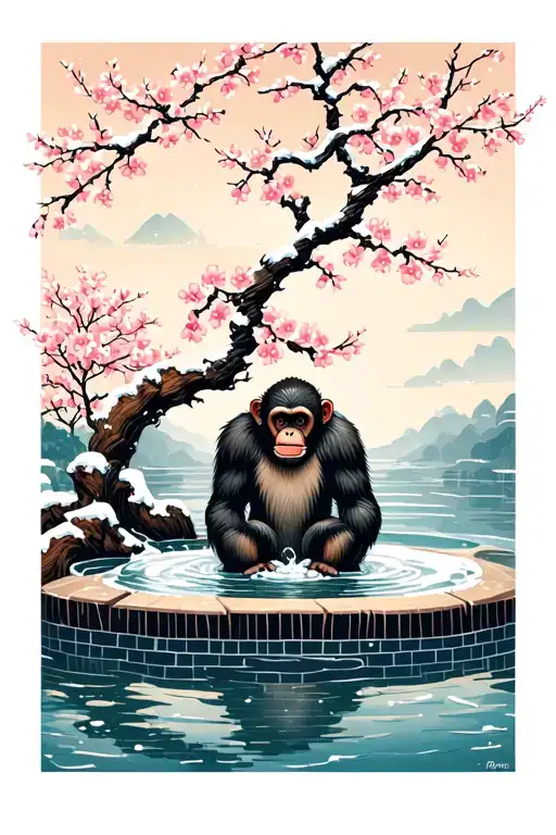 Cherry Blossom Tree Over A Snow Monkey Sitting In A Hot Spring