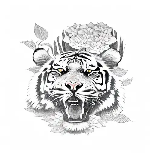 Tiger Climbing Down Surrounded By Indigenous Flowers